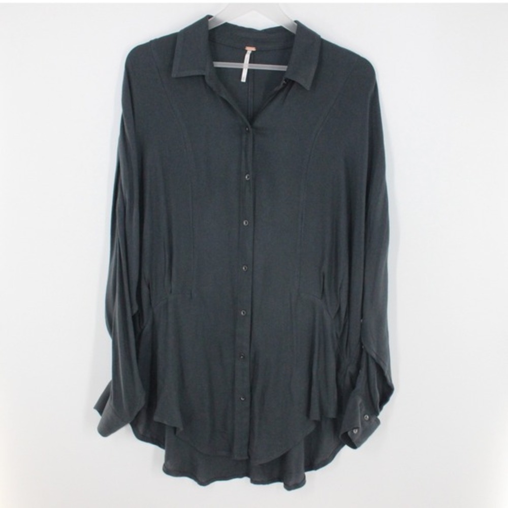 Free People Tunic Button Down Dolman Sleeve Herringbone Size M Charcoal Grey
